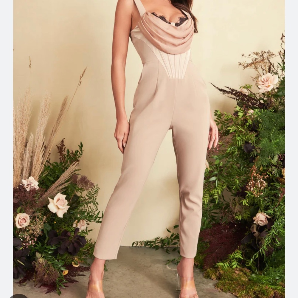 Lavish Alice- ALESSIA Lace Trim Drape Corset
Jumpsuit in Beige NEW